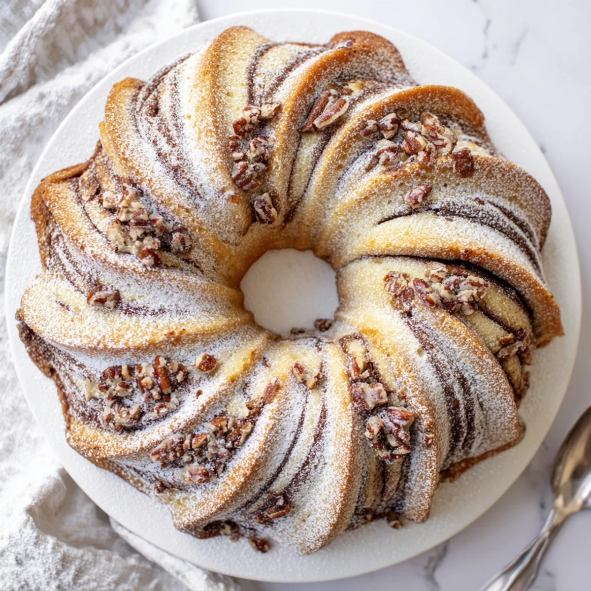 Tender cinnamon-swirled breakfast Bundt coffee cake sliced to reveal moist marble layers inside