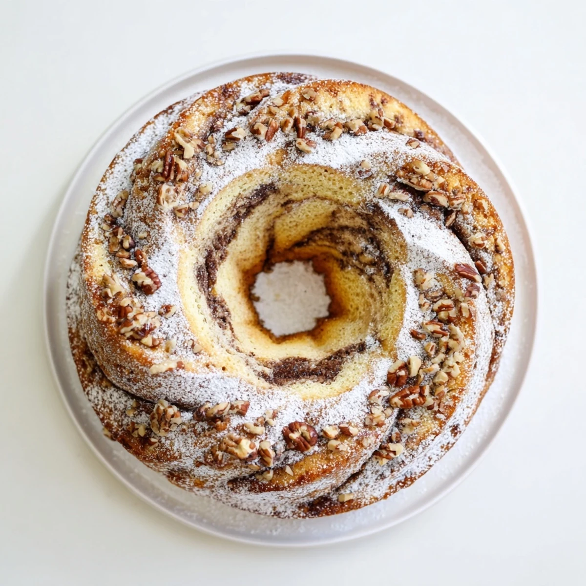 Fluffy easy breakfast Bundt coffee cake topped with chopped pecans and sweet powdered sugar