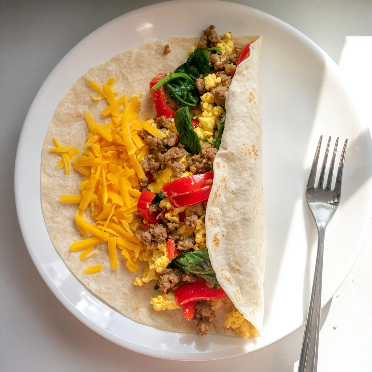 Golden make-ahead breakfast burritos filled with fluffy scrambled eggs, melted cheddar cheese, and savory sausage