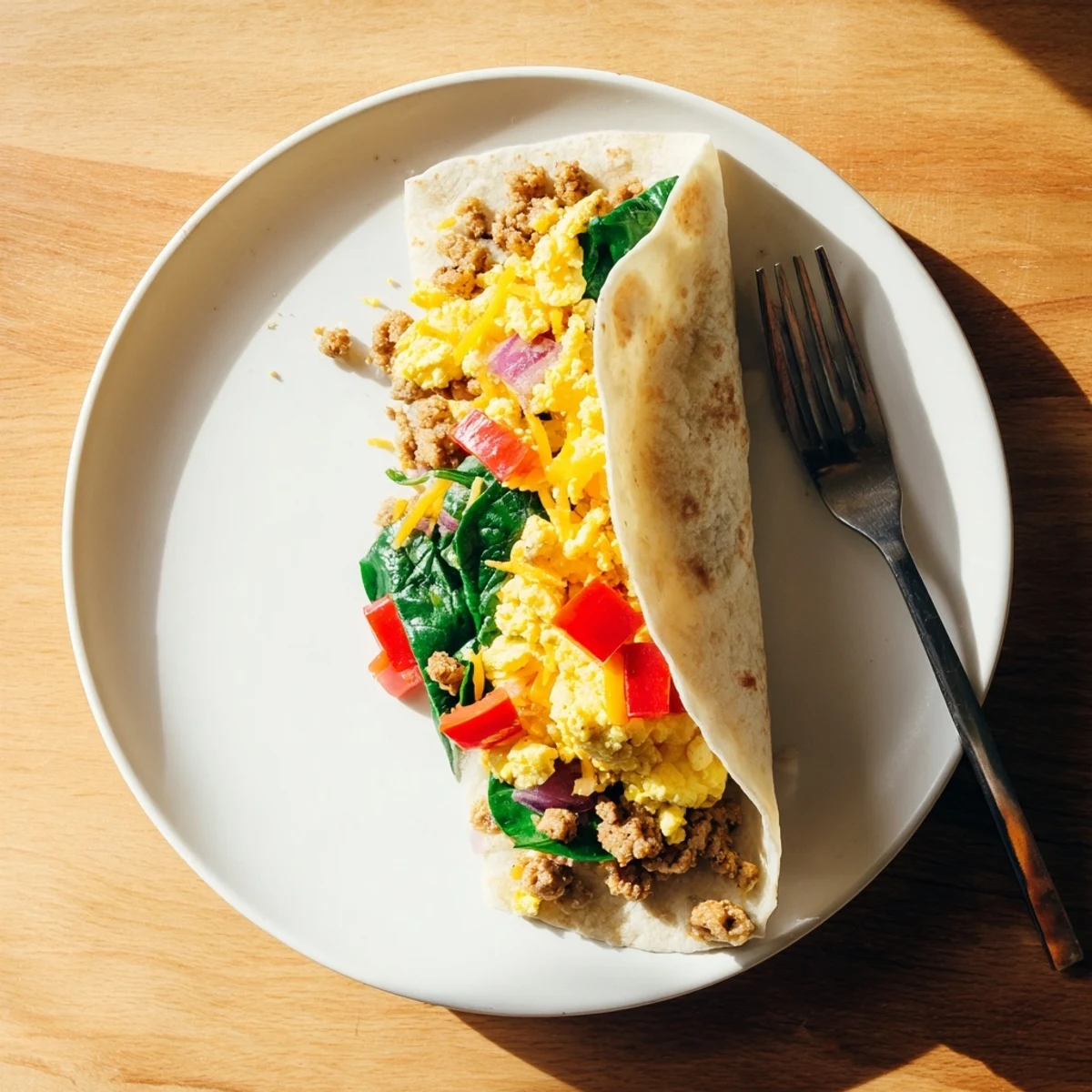 Warm flour tortillas wrapped around a hearty breakfast burrito mixture with peppers, onions, and spinach