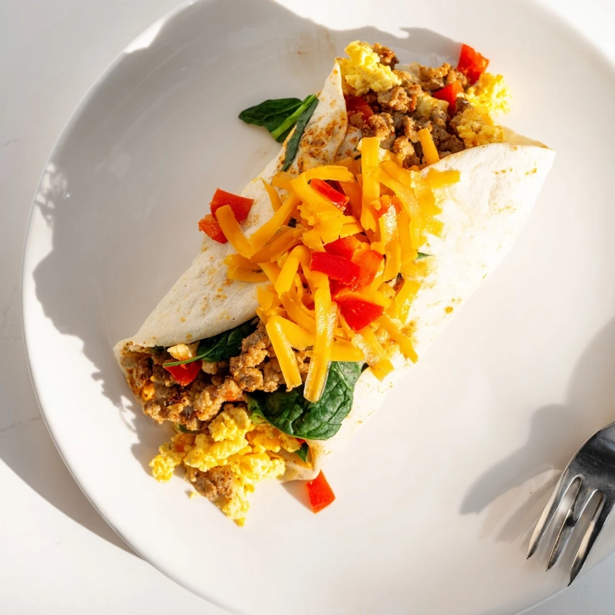 Delicious make-ahead breakfast burritos featuring cheesy eggs, crumbled sausage, and colorful diced vegetables ready for freezing