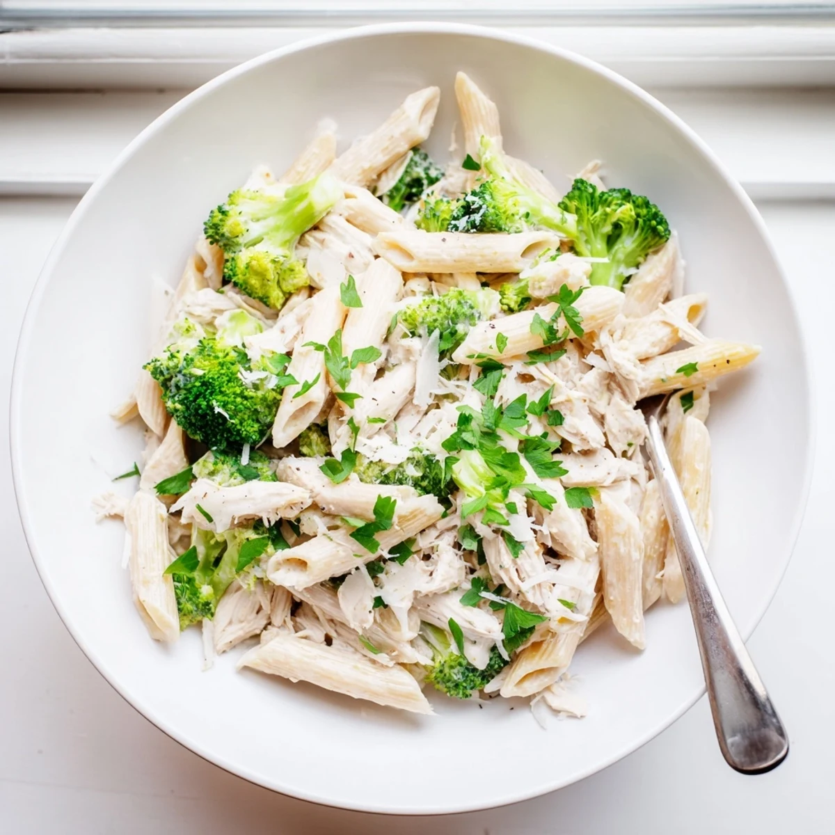 Savory rotisserie chicken broccoli pasta tossed in garlic sauce and served hot for weeknight dinners