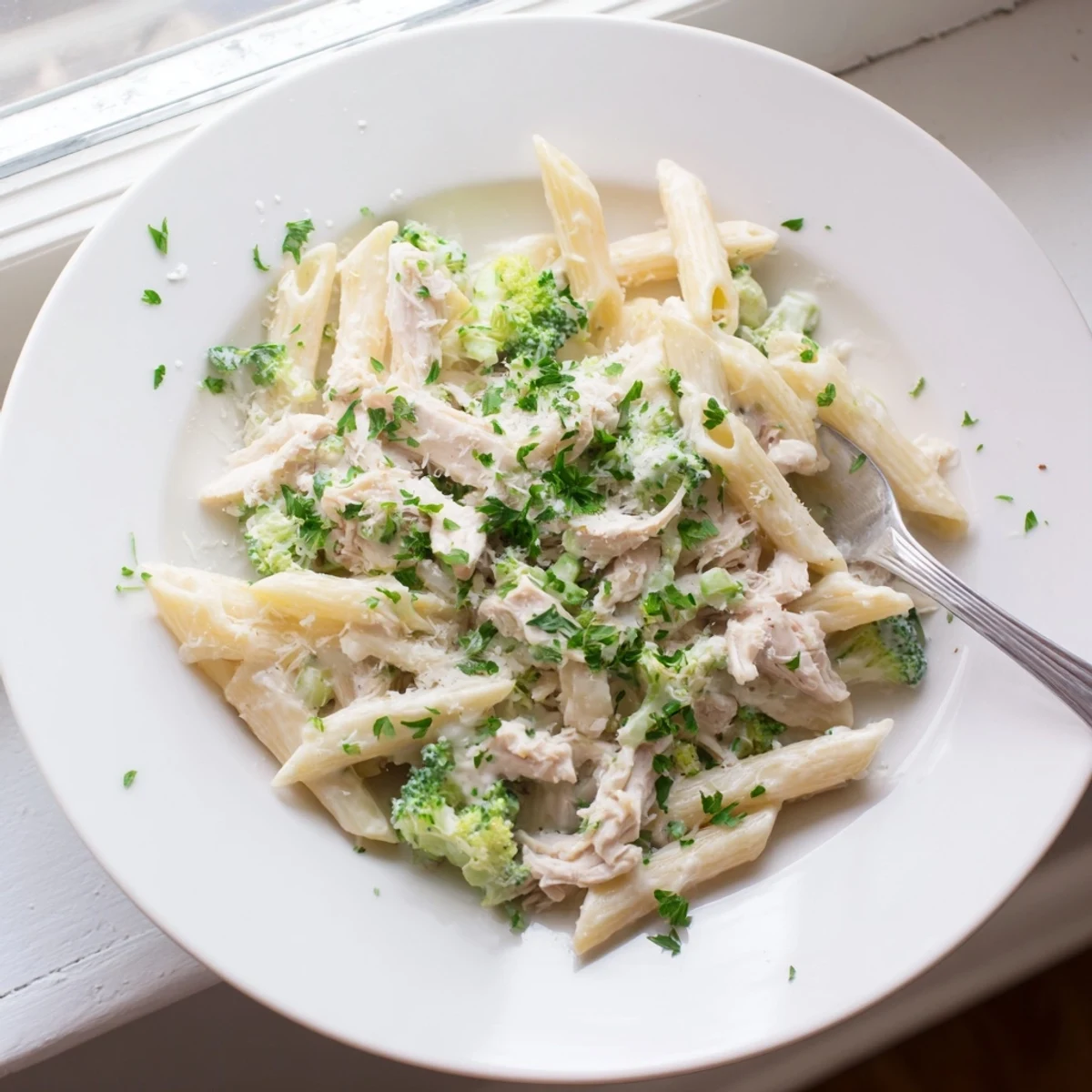 Creamy rotisserie chicken broccoli pasta in a white bowl topped with fresh parsley and Parmesan cheese