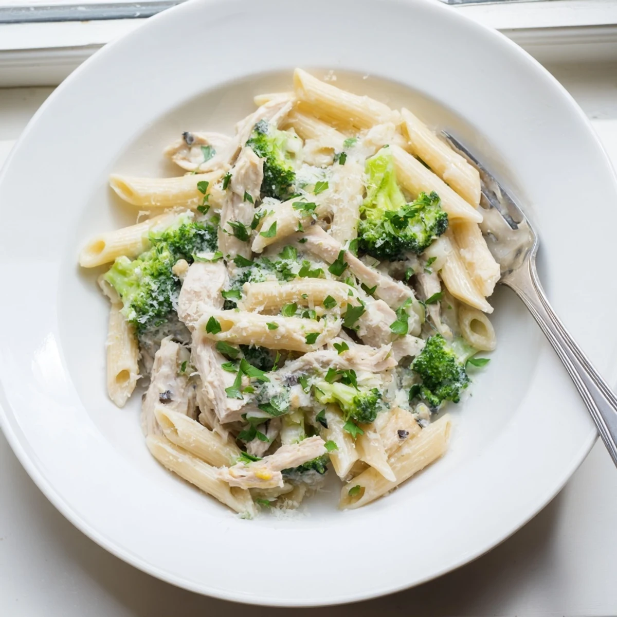 Steamy rotisserie chicken broccoli pasta with tender florets and shredded chicken in a creamy white sauce