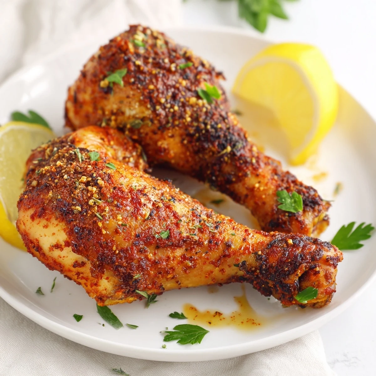 Tender juicy paprika chicken legs garnished with fresh parsley and lemon wedges