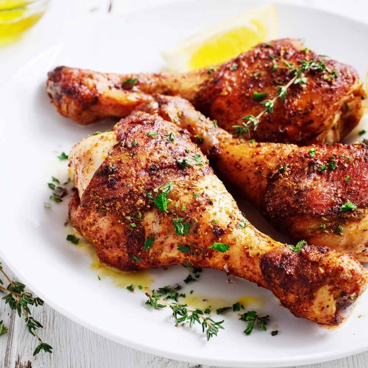 Oven roasted paprika chicken legs on a baking sheet with reddish seasoning coating