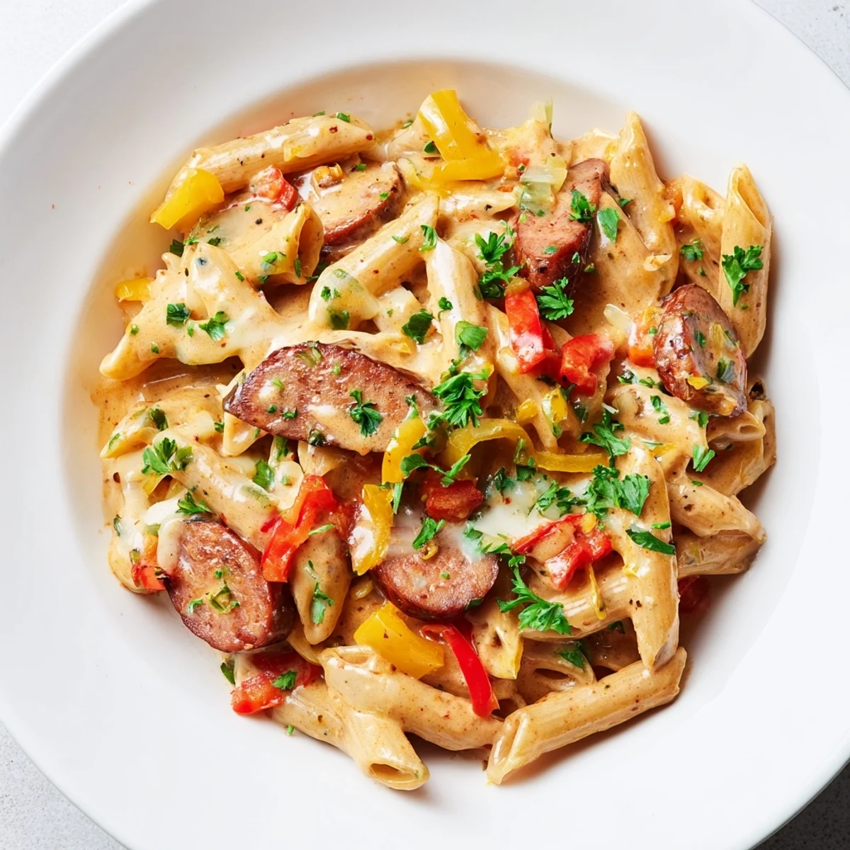 Creamy Cajun sausage pasta in a white bowl garnished with fresh green parsley.