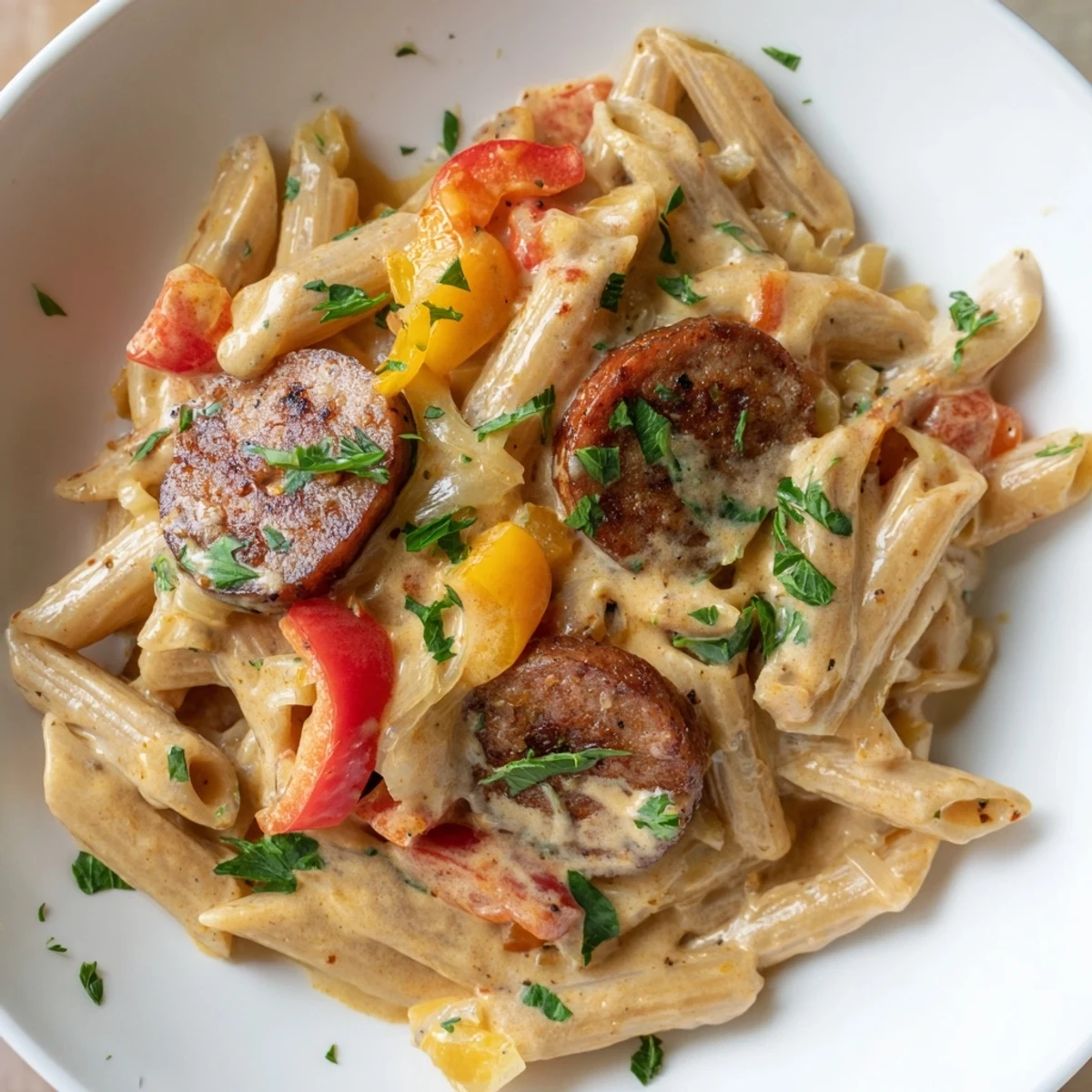 One pot creamy Cajun sausage pasta featuring smoky slices and red bell pepper pieces.