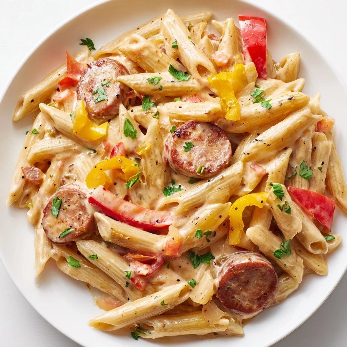 Steam rising from a single pot of creamy Cajun sausage pasta with penne noodles.