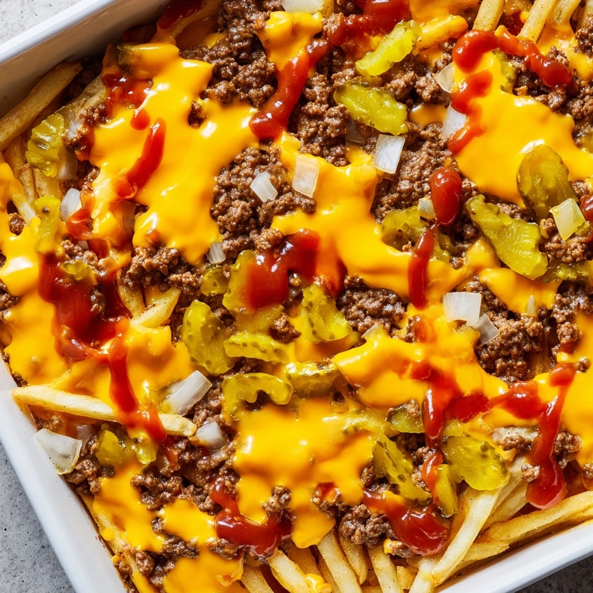 Golden crispy french fries top this hearty cheeseburger casserole with melted cheddar cheese bubbling over savory ground beef
