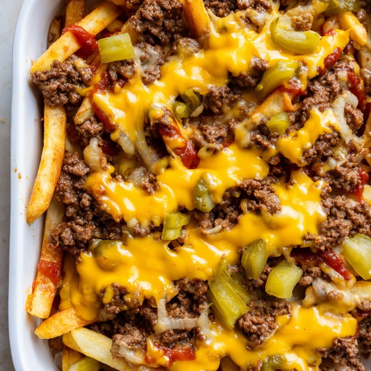 Baked cheeseburger french fry casserole featuring browned beef, tangy pickles, and a layer of perfectly crispy golden fries