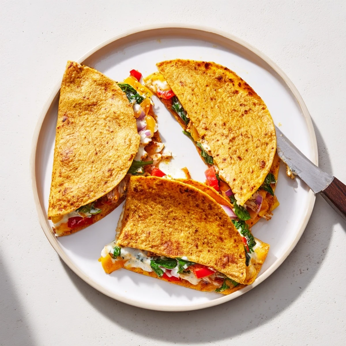 Crispy whole wheat tortilla filled with seasoned chicken and creamy ranch mixture on a wooden cutting board