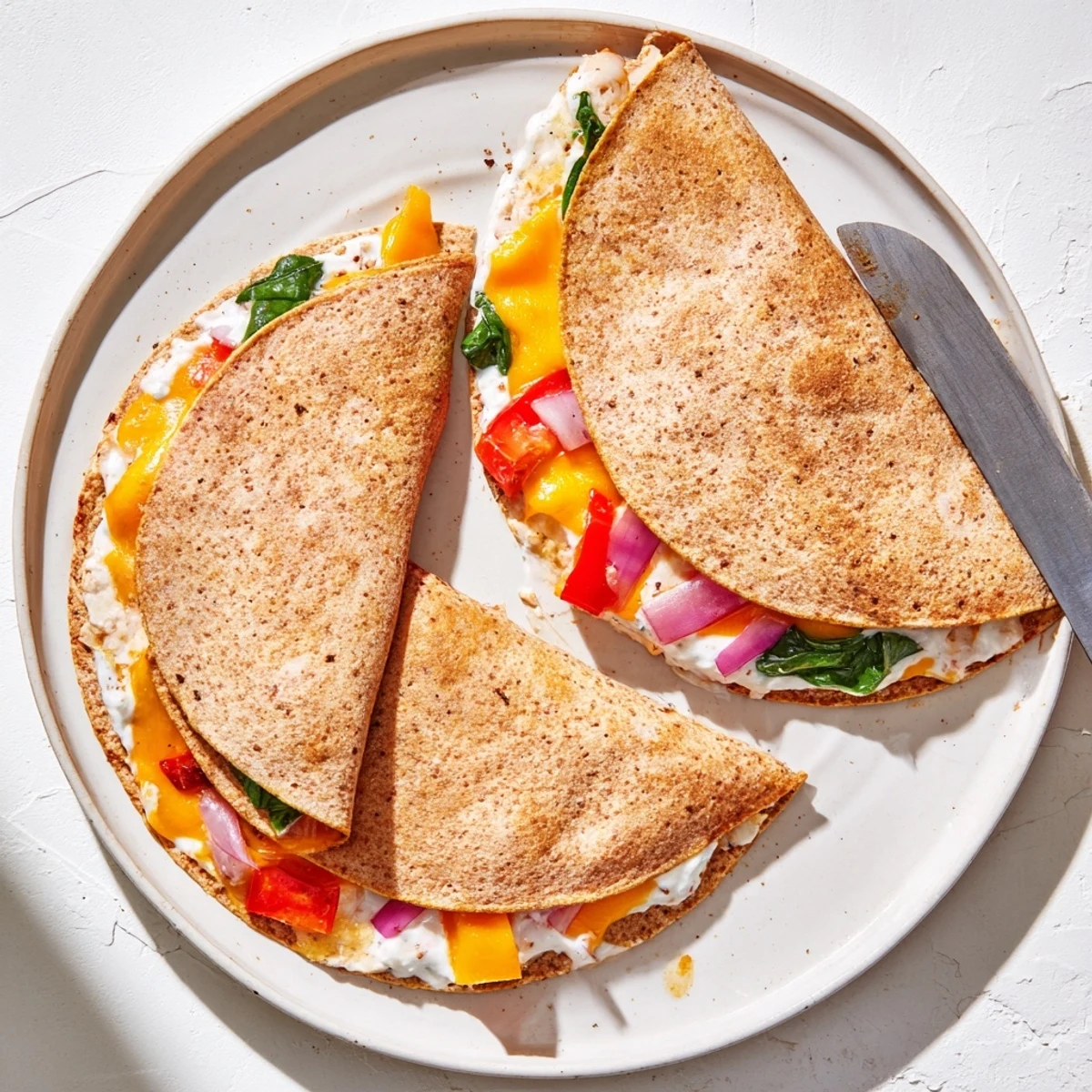 Steaming hot chicken ranch quesadilla with peppers and spinach oozing melted cheddar and mozzarella cheese