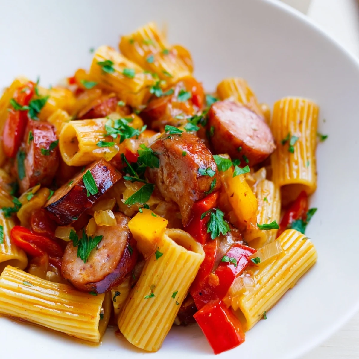 Savory sausage pasta dish tossed with sticky honey garlic sauce and fresh parsley garnish