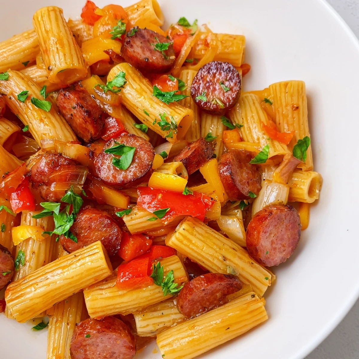 Comforting one-pan pasta featuring juicy sausage slices in a glossy honey garlic coating
