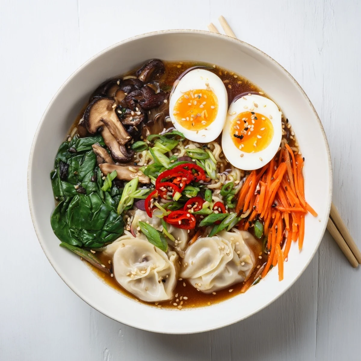 Golden brown dumplings nestle among springy ramen noodles in a rich, aromatic broth garnished with green onions and sesame seeds