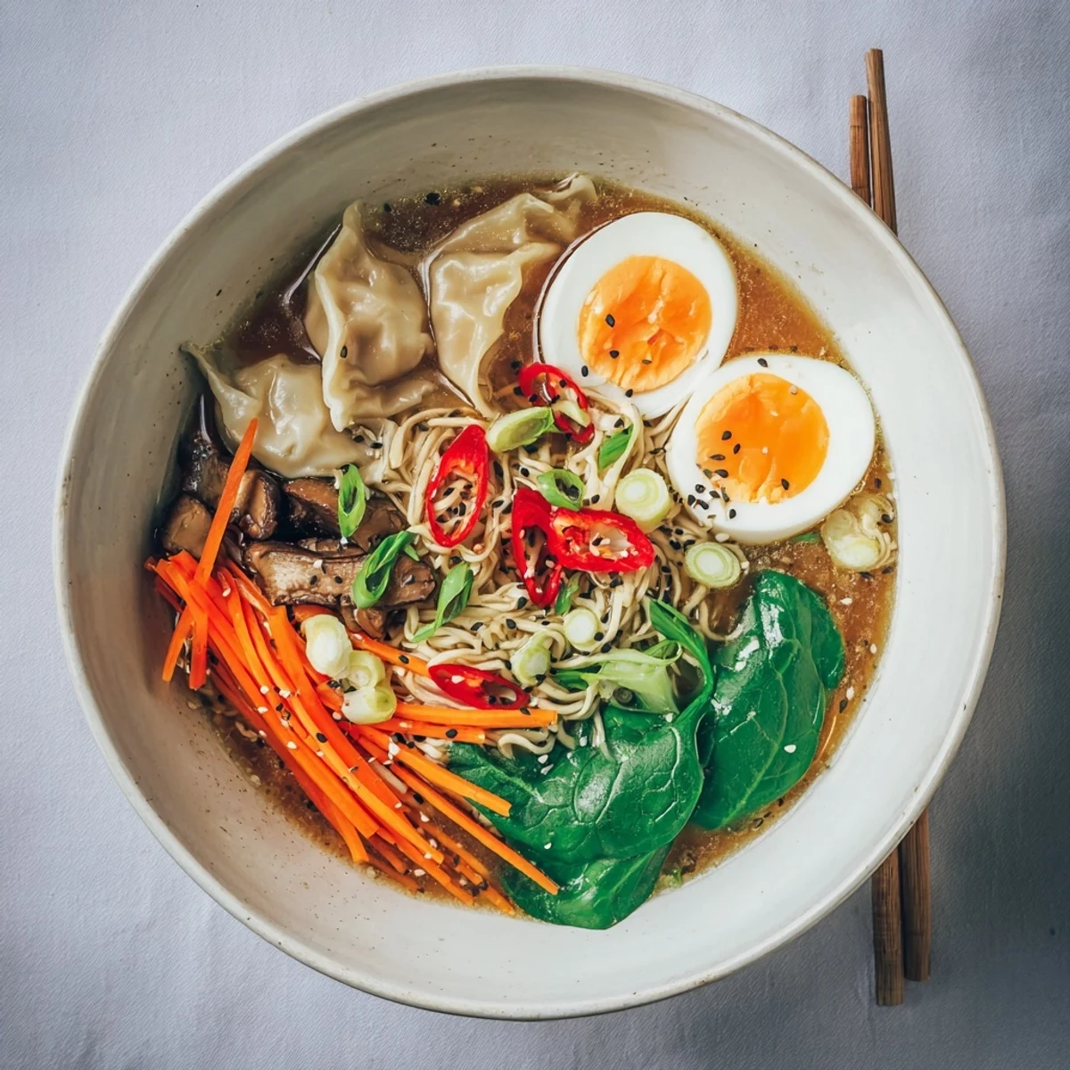 Comforting Asian noodle soup showcases plump vegetable dumplings in a steaming bowl with carrot ribbons, shiitake mushrooms, and soft-boiled egg