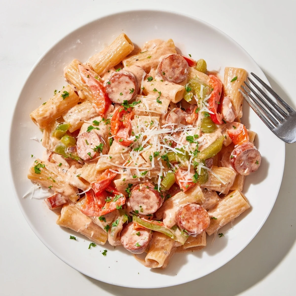 Golden one pot creamy spicy Cajun sausage pasta with sliced sausage, colorful peppers, and grated Parmesan cheese garnish