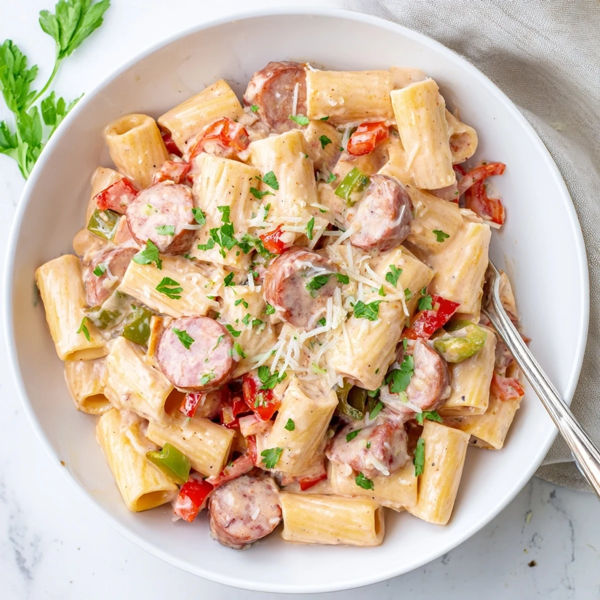 Steaming bowl of spicy Cajun sausage pasta features tender penne coated in rich cream sauce with bell peppers