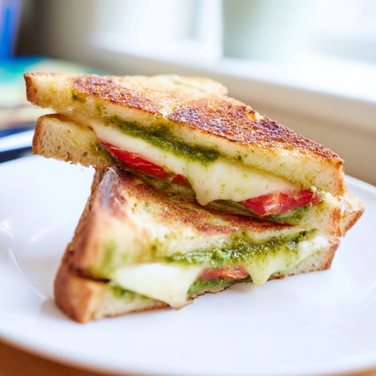 Golden brown pesto grilled cheese sandwich oozing melted mozzarella on a plate