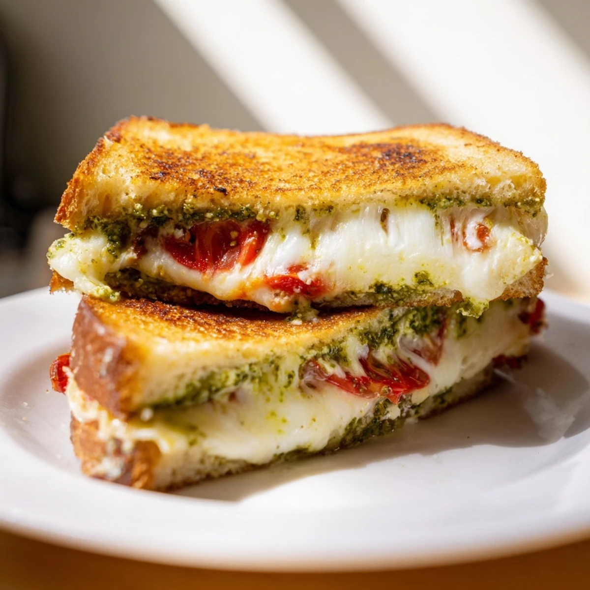 Crispy sourdough pesto grilled cheese with bubbling cheese and fresh basil layers