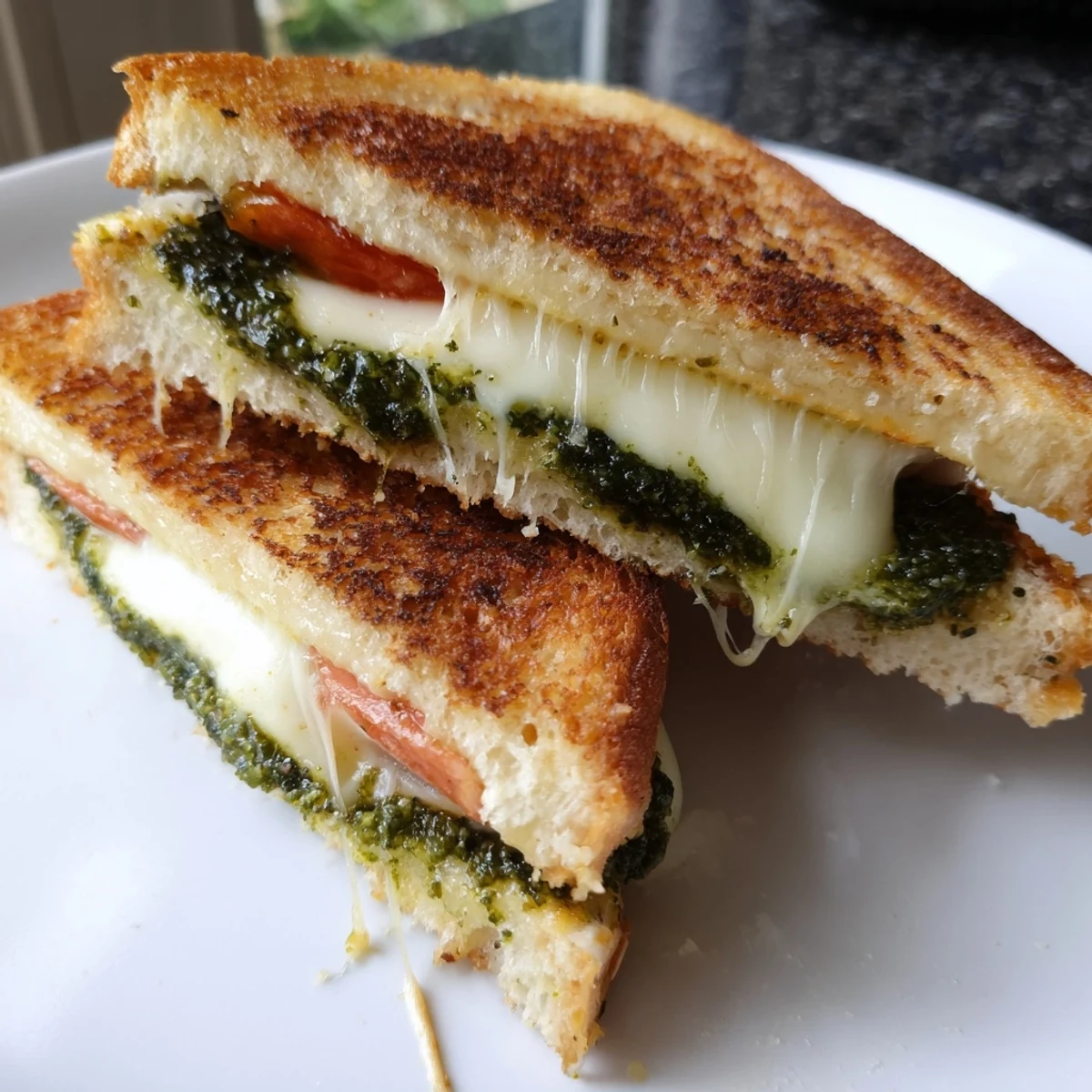 Close up of pesto grilled cheese sandwich cut in half revealing melted cheese