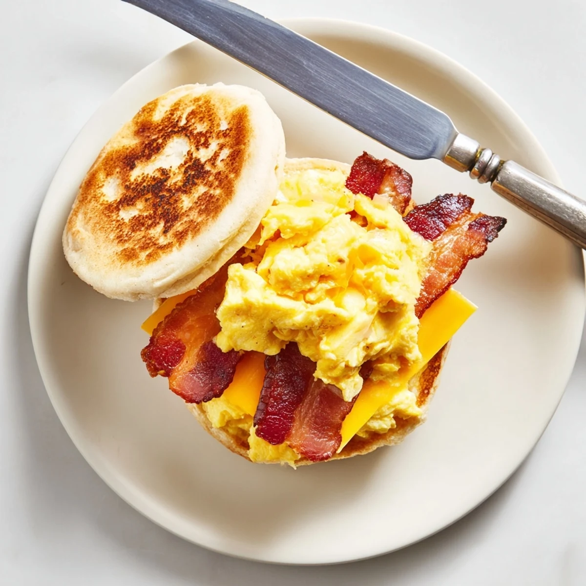 Hearty griddle breakfast sandwich featuring crispy bacon layers, creamy scrambled eggs, and gooey cheese on toasted English muffin halves
