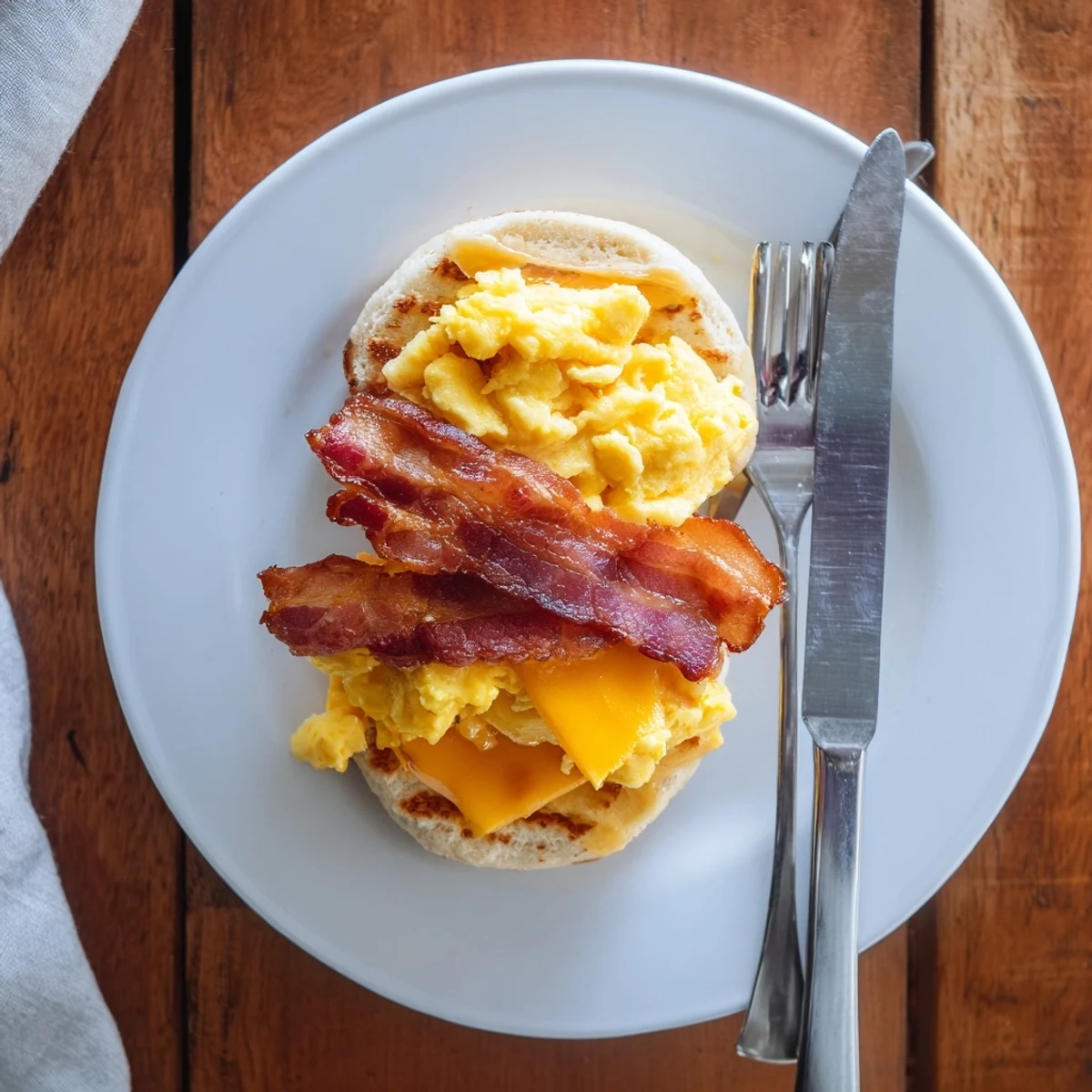 Golden toasted English muffin sandwich stacked with crispy bacon, fluffy scrambled eggs, and melted cheddar cheese on a griddle
