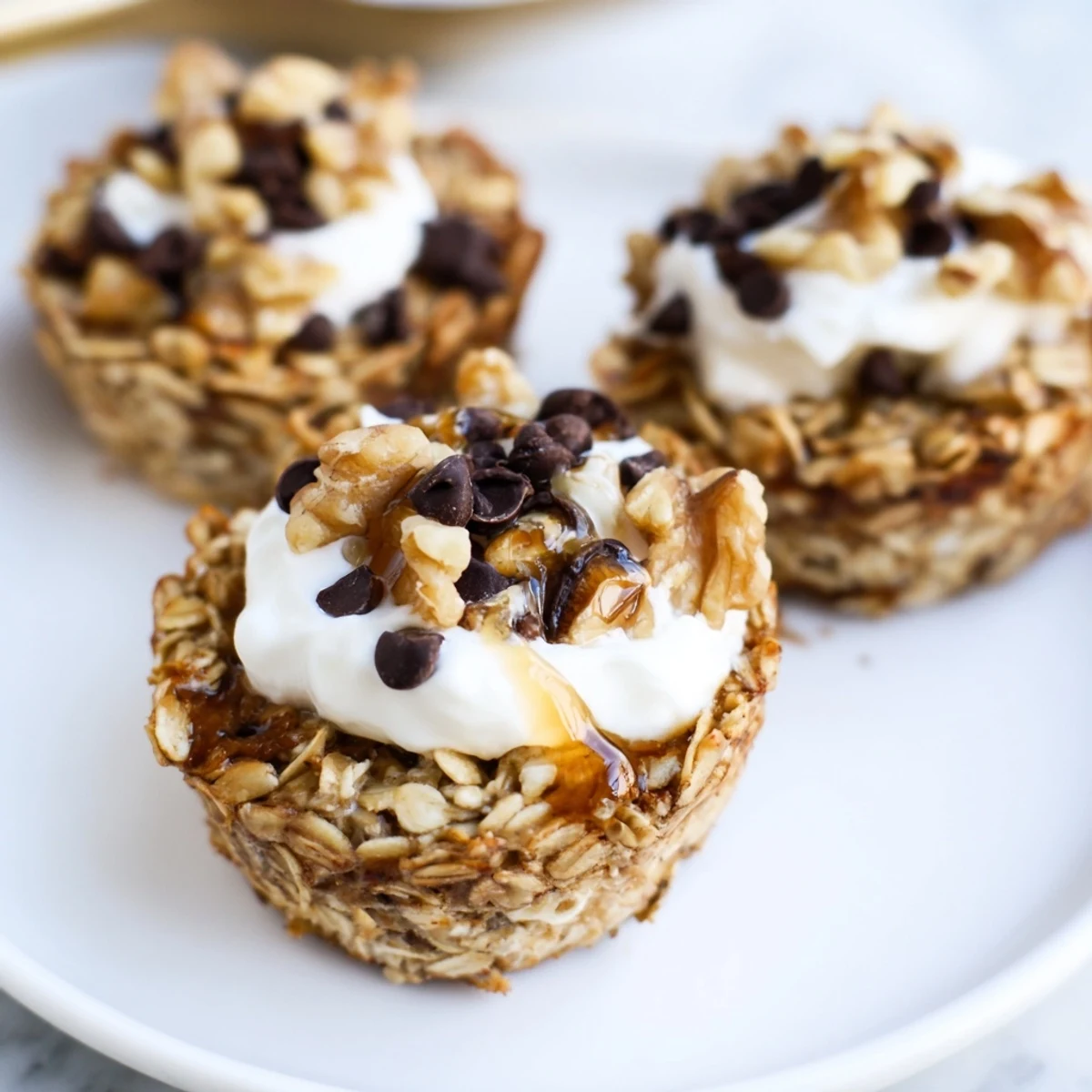 Moist portable oatmeal cups studded with ripe bananas and crowned with vanilla Greek yogurt