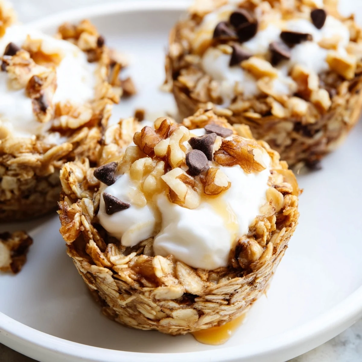 Homemade banana baked oatmeal cups with a dollop of Greek yogurt and honey drizzle