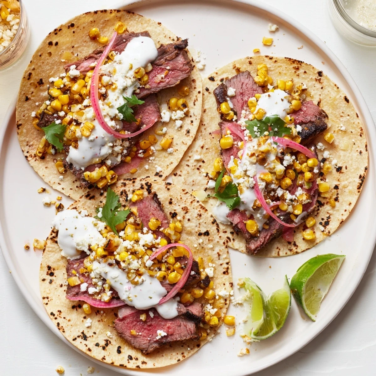 Grilled steak elote tacos topped with creamy cotija cheese and fresh cilantro on warm corn tortillas