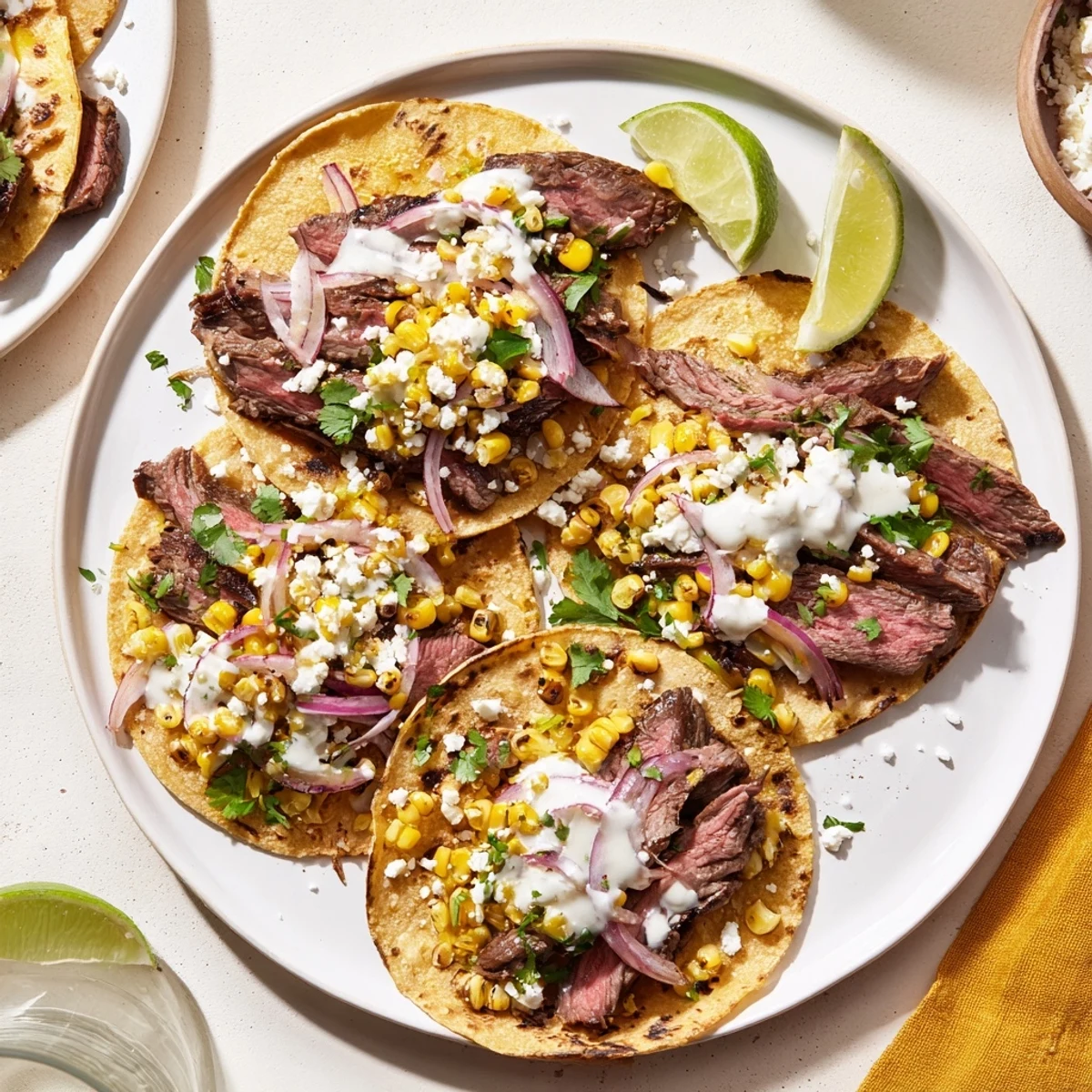 Juicy sliced grilled steak layered inside Mexican street corn tacos with tangy crema and red onion