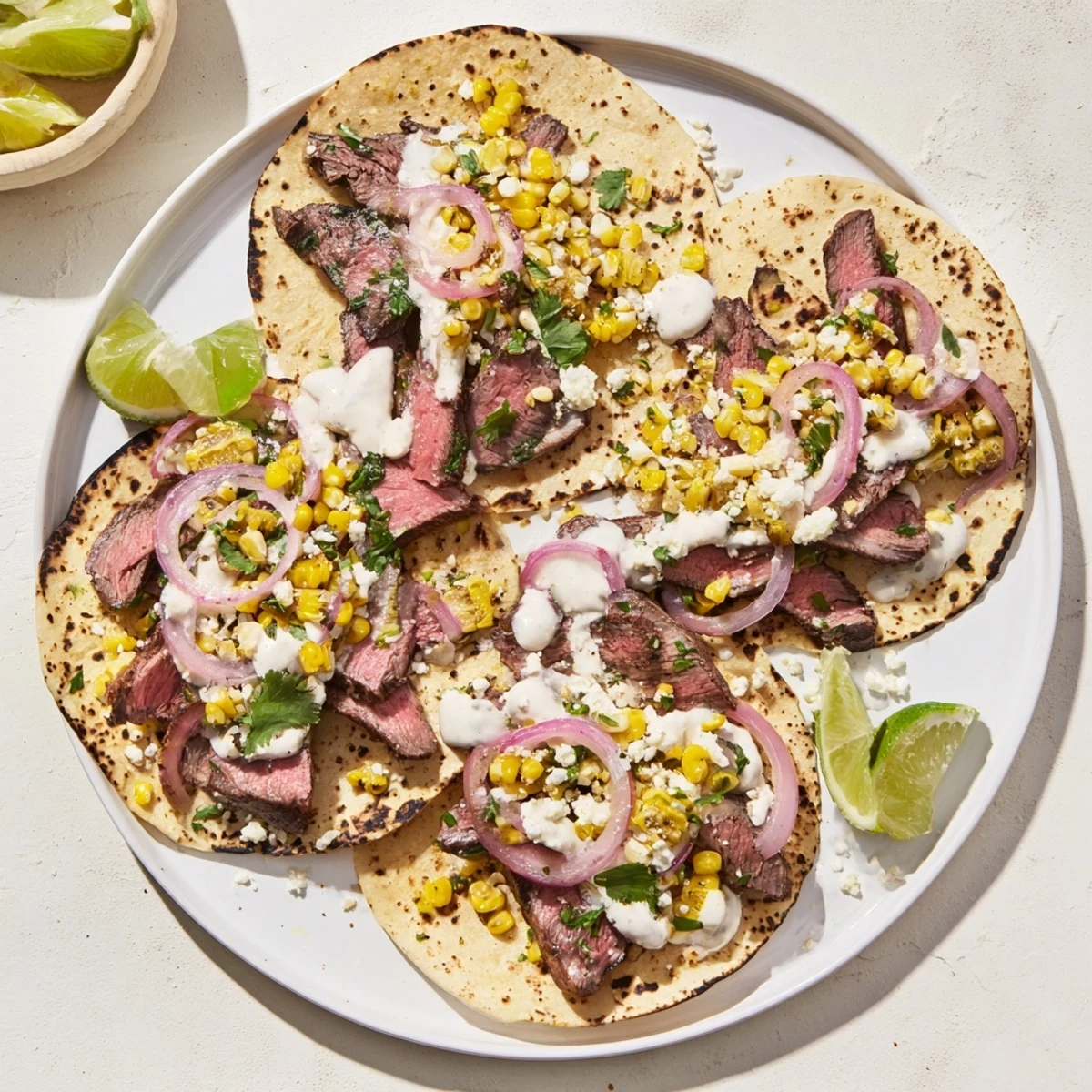 Charred steak elote tacos drizzled with lime crema and sprinkled with crumbled cotija cheese and herbs