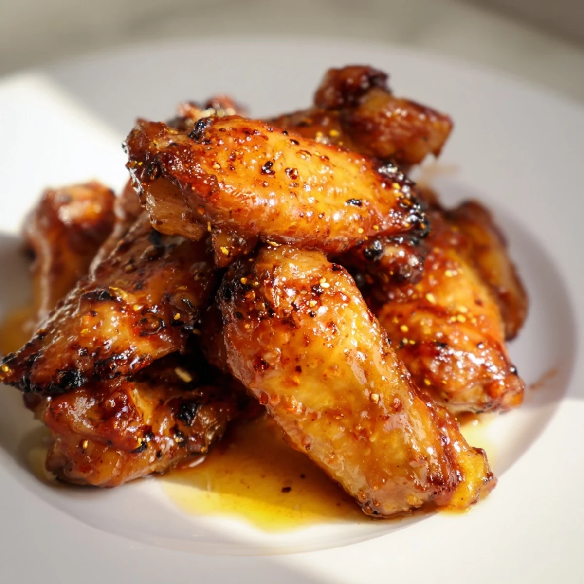Crispy smoked hot honey chicken wings glistening with sweet heat glaze on serving platter