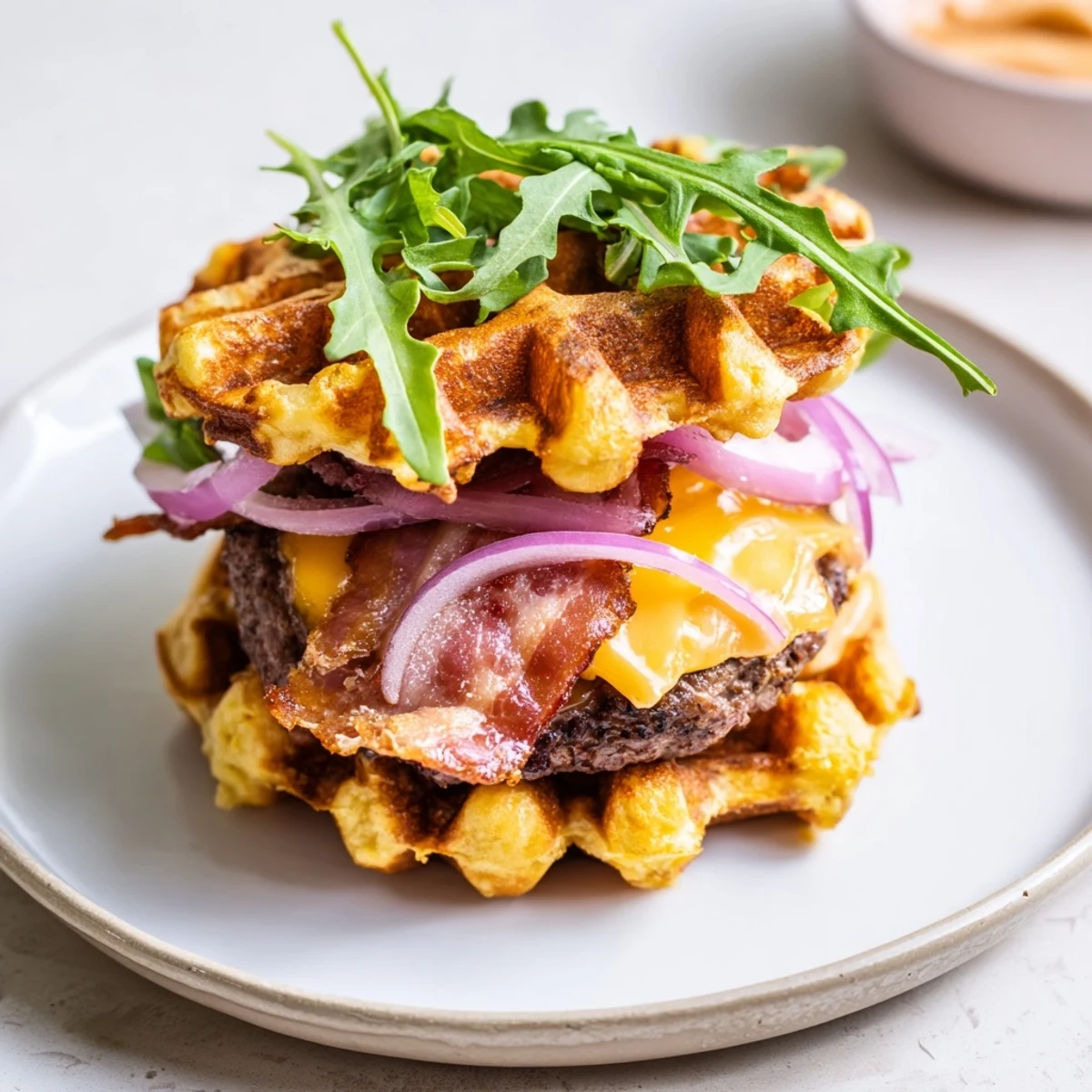 Stacked maple bacon waffle burger with arugula, red onion, and sweet maple aioli dripping down