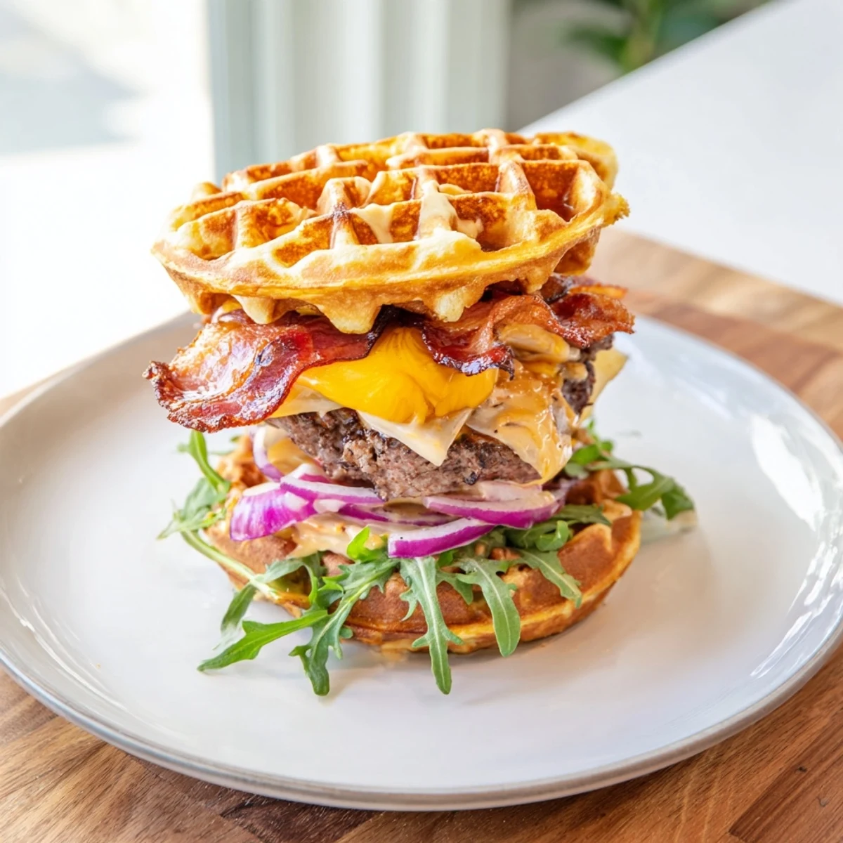 Golden waffle bun sandwiching juicy beef patty with melted cheddar and crispy maple-glazed bacon