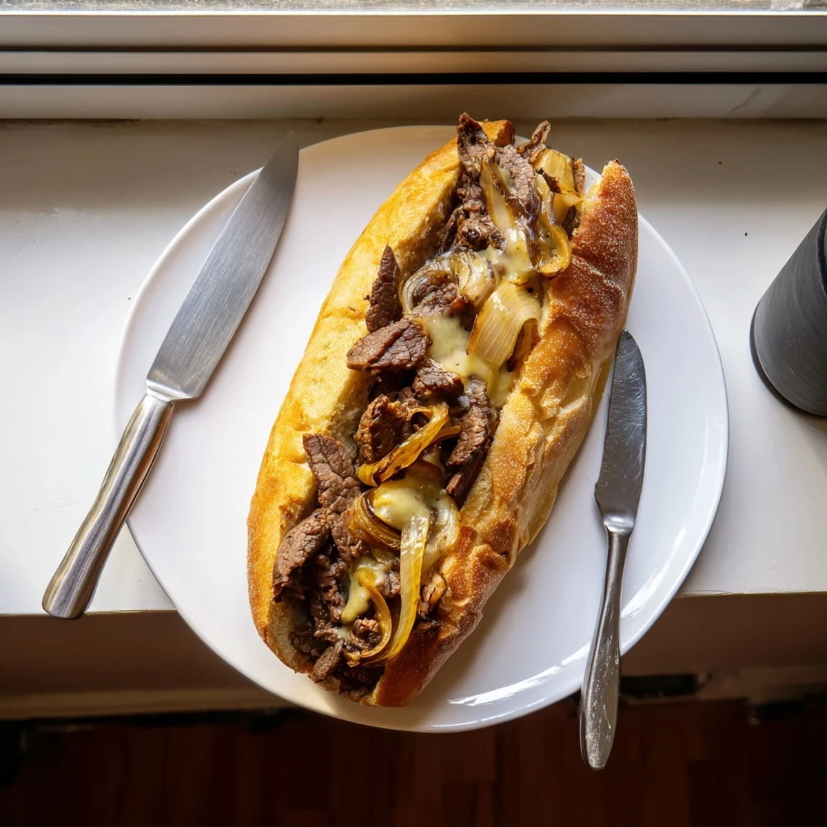Golden brown ultimate griddled cheesesteak piled high with caramelized onions and tender ribeye slices