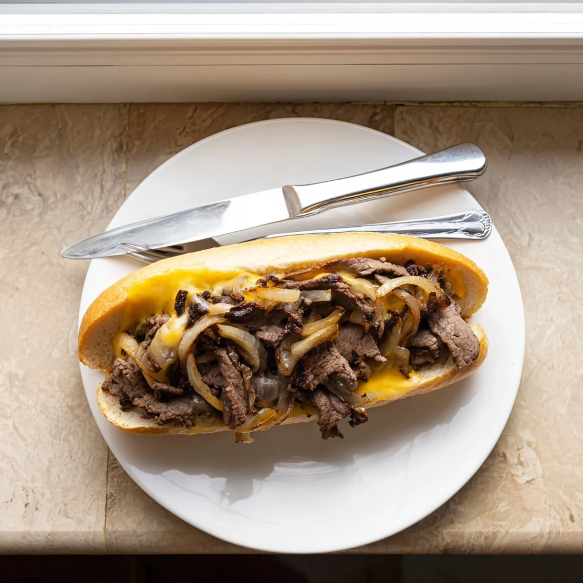 Sizzling ultimate griddled cheesesteak sandwich with melted provolone on toasted buttery hoagie roll