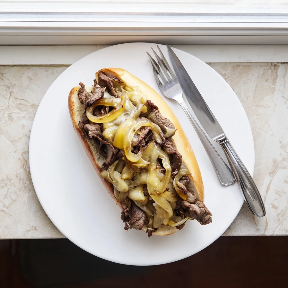 Mouthwatering ultimate griddled cheesesteak oozing melted cheese over juicy beef on crisp toasted roll