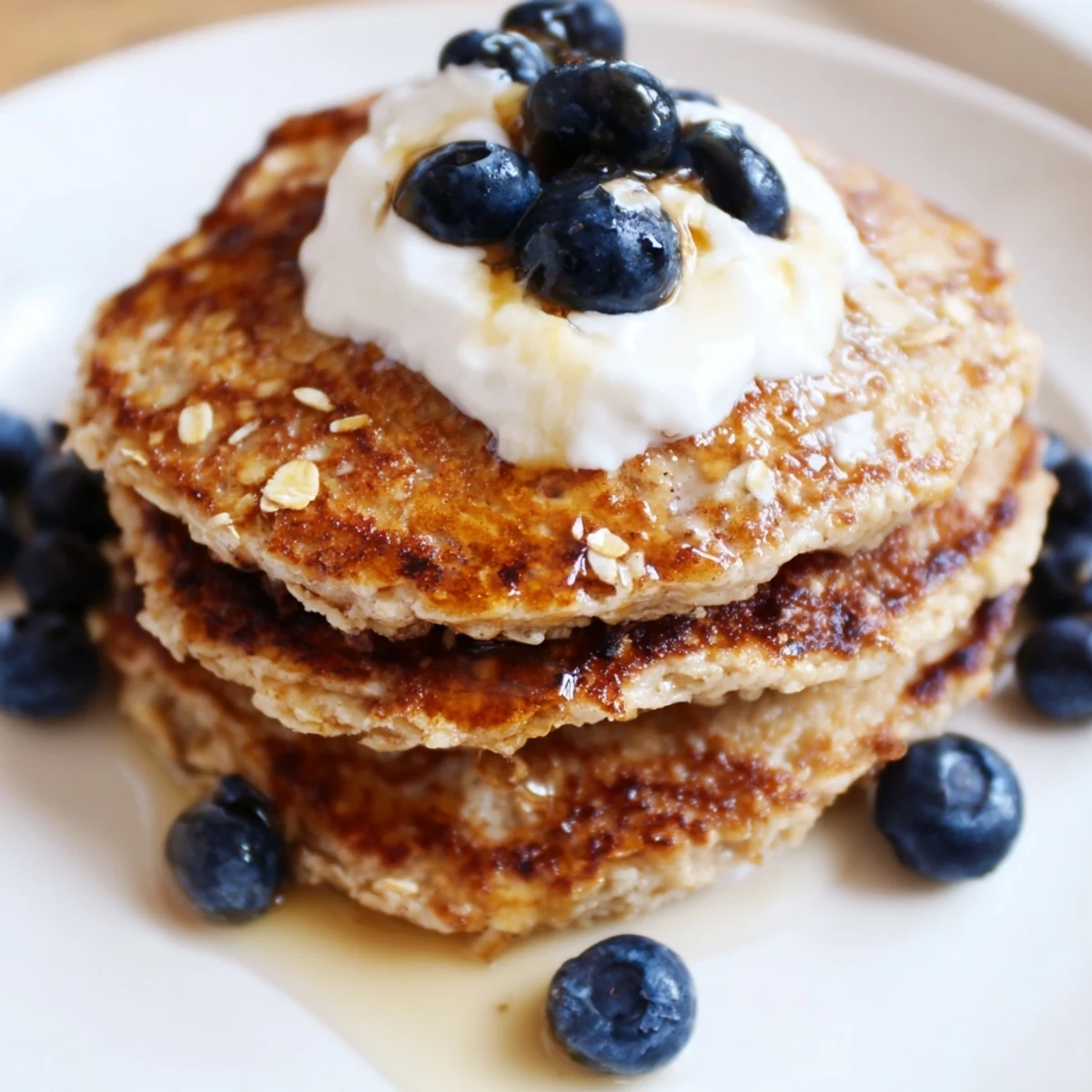 Fluffy naturally sweetened banana oatmeal pancakes served with Greek yogurt and sliced banana garnish