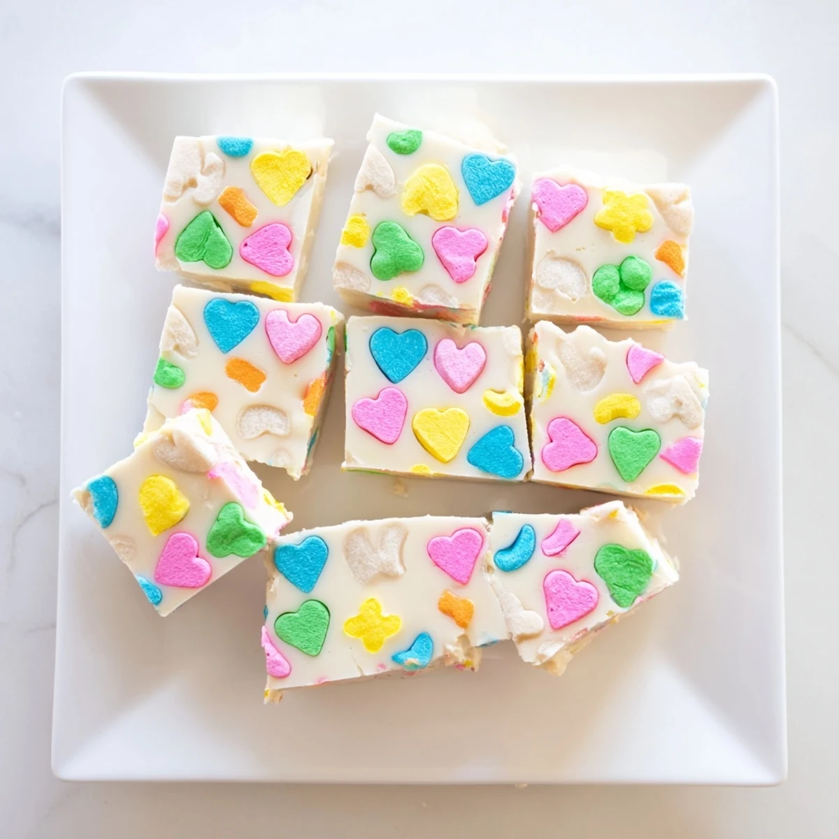 Creamy white chocolate Easy Lucky Charms Fudge topped with colorful marshmallow bits