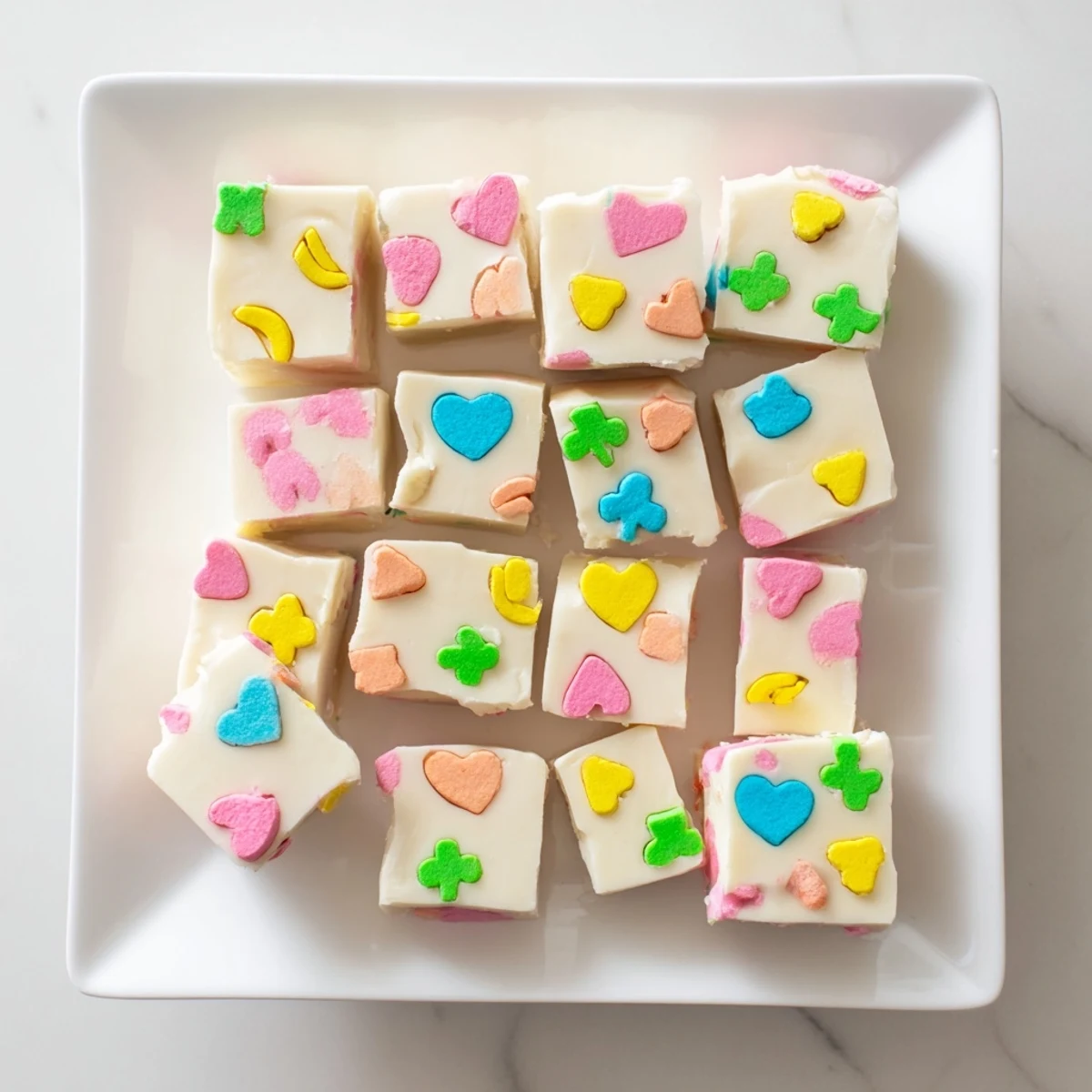 Square of Easy Lucky Charms Fudge showing smooth white texture and rainbow marshmallows