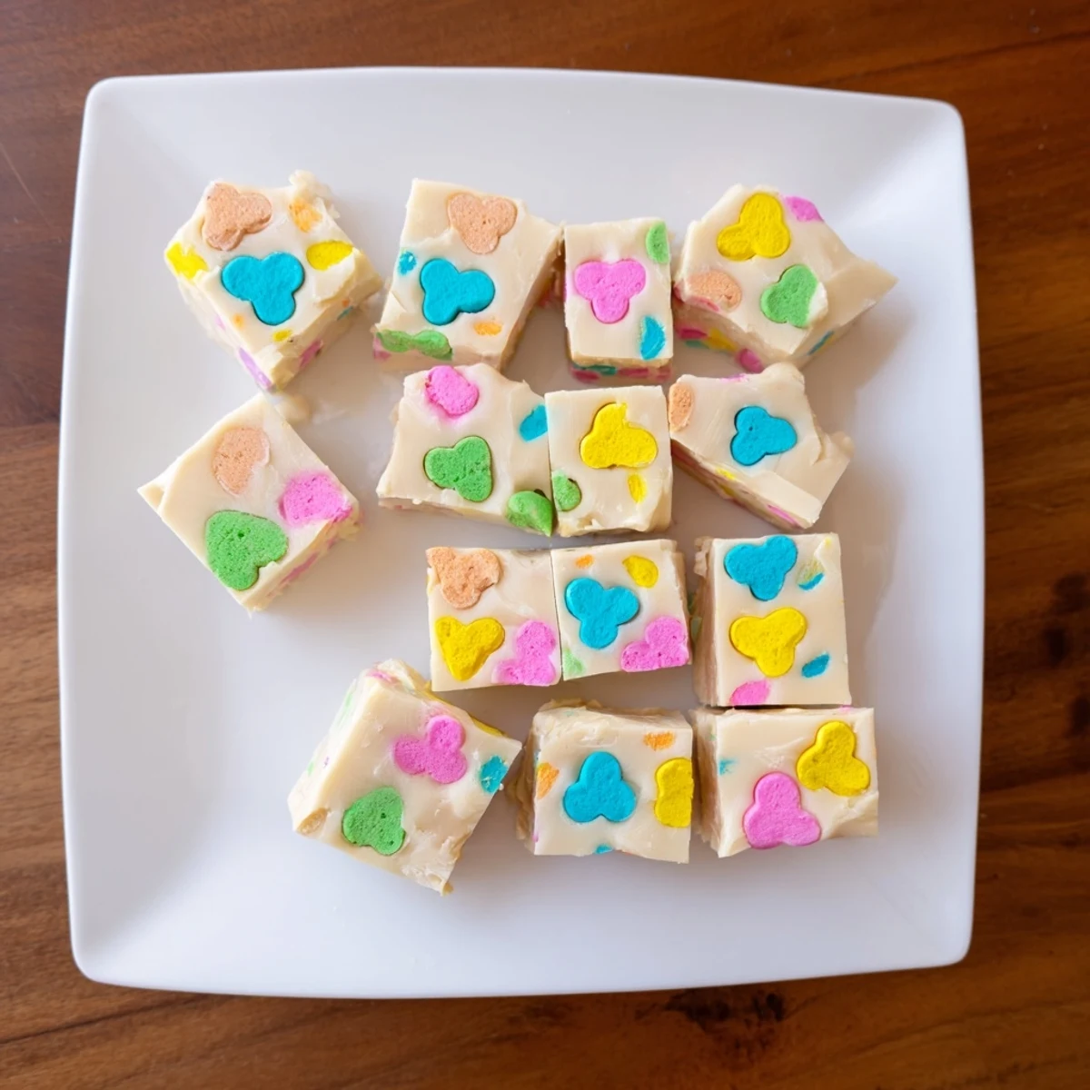 Homemade Easy Lucky Charms Fudge arranged on serving plate with festive scattered toppings
