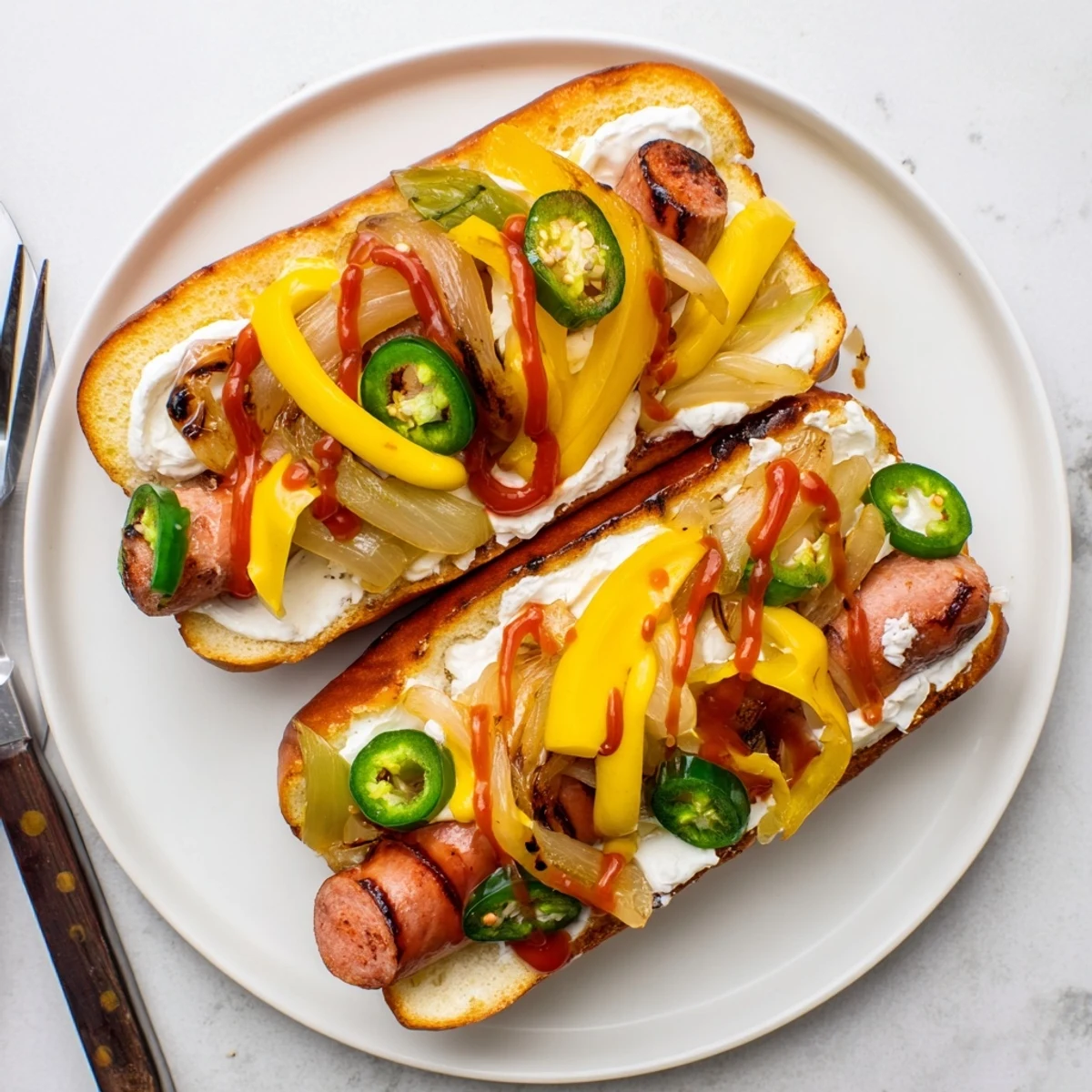 Grilled Seattle hot dogs topped with creamy cheese and caramelized sautéed onions in toasted buns