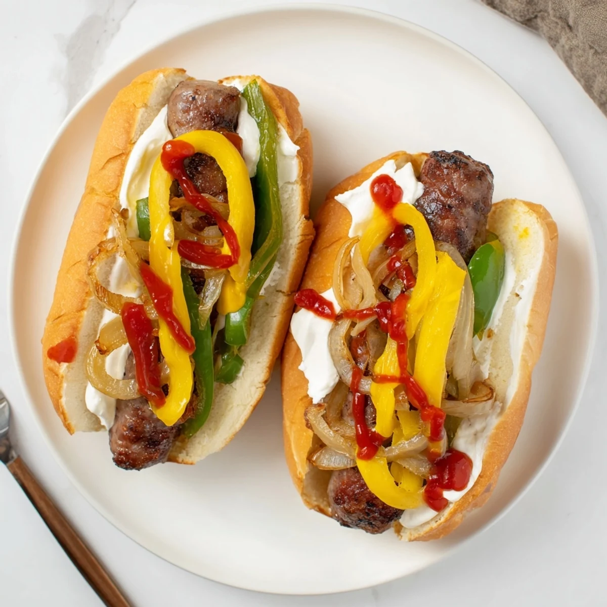 Seattle hot dogs piled high with golden grilled onions and cream cheese on warm bakery buns