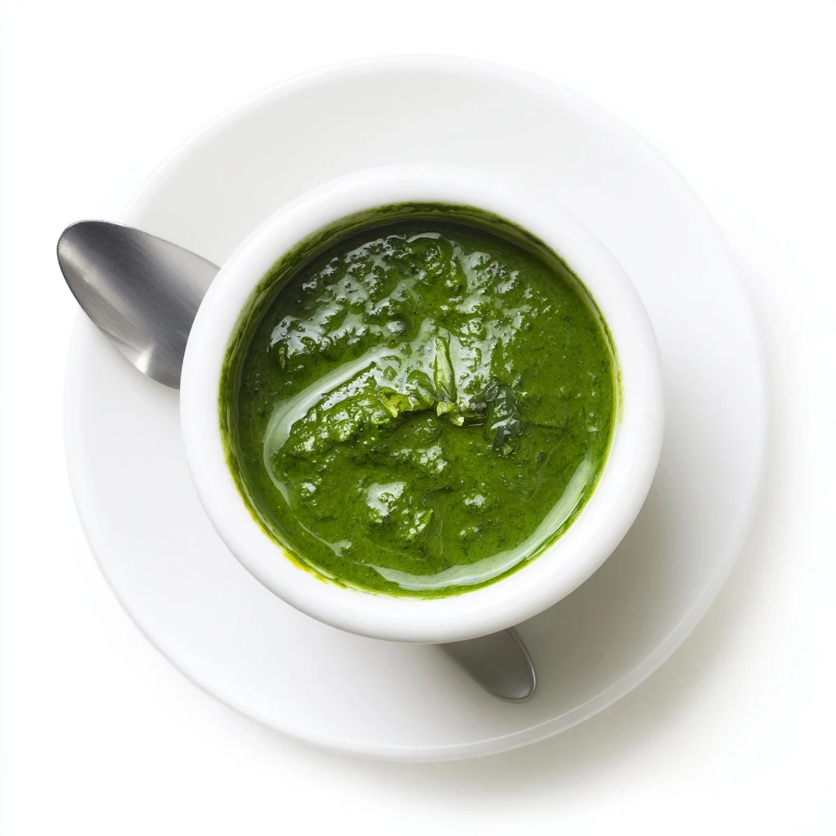 Creamy Thai cilantro sauce in white ramekin surrounded by chopped herbs and aromatic ingredients