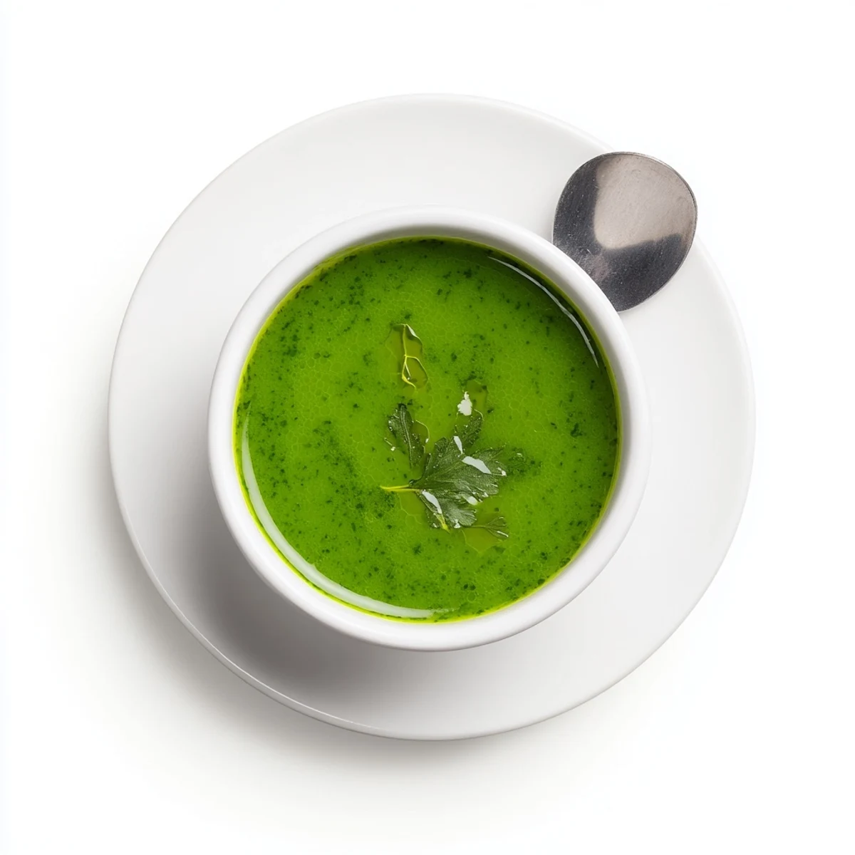 Vibrant Thai cilantro sauce spooned onto plate with fresh cilantro sprigs and sliced chili