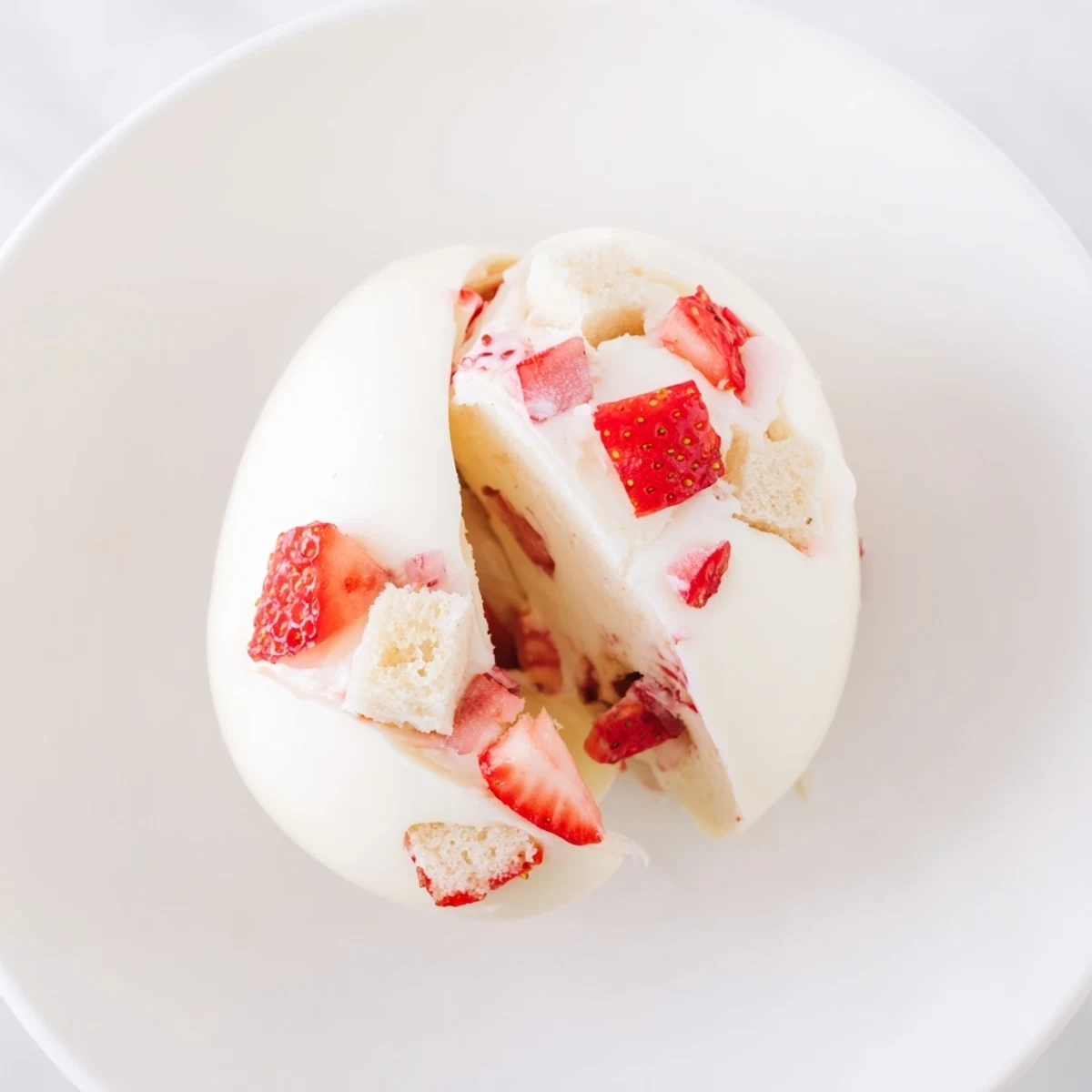 White chocolate Easter egg filled with fluffy strawberry shortcake cream and fresh diced red berries