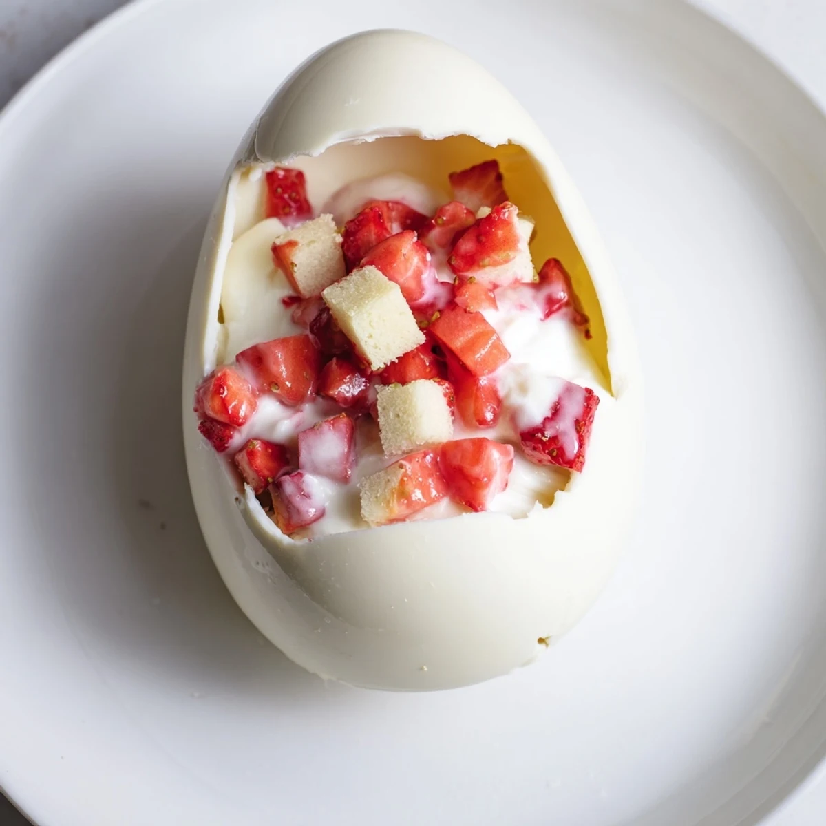 Festive strawberry shortcake Easter egg bombs revealing whipped cream and cake inside cracked white chocolate shell