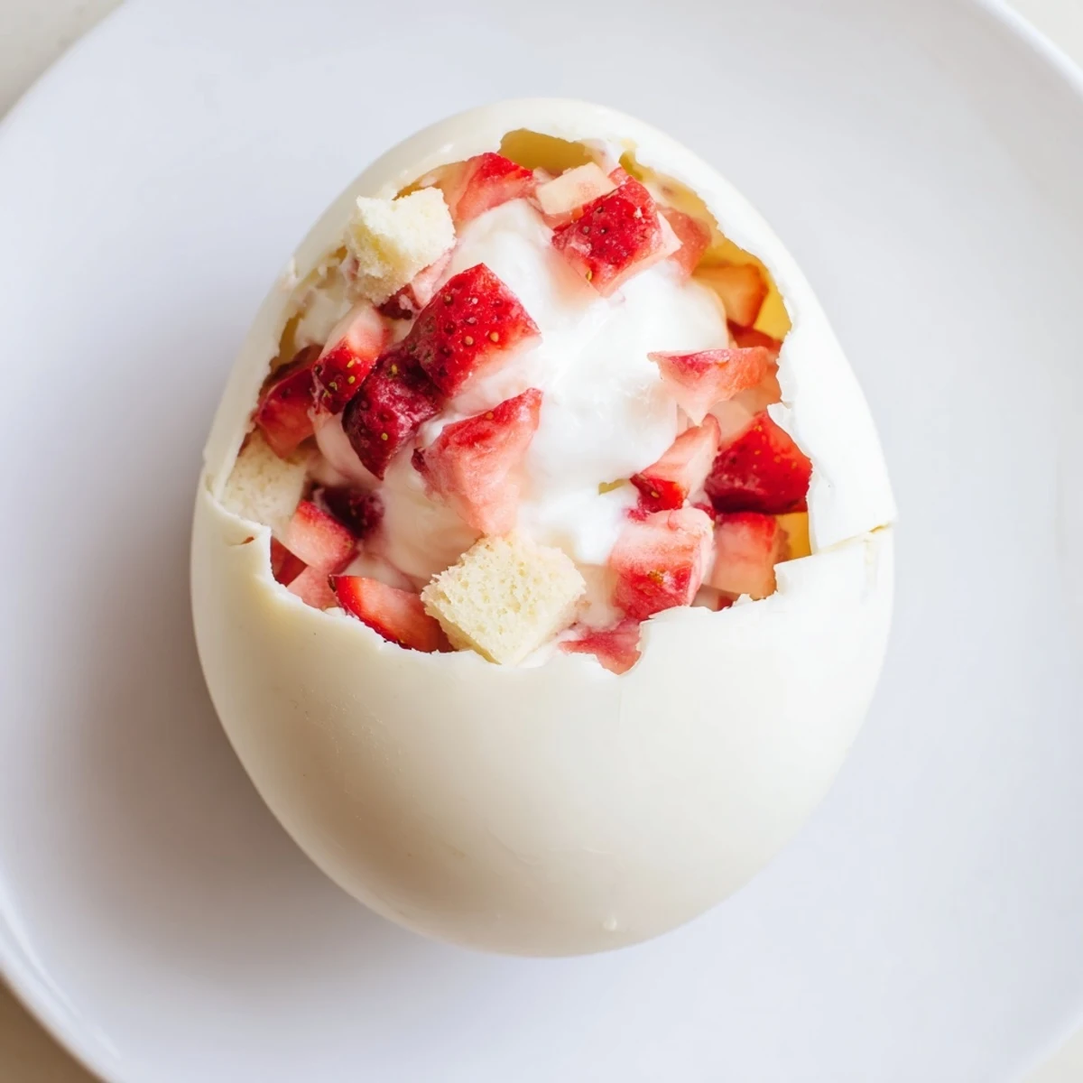 Creamy strawberry shortcake filling spilling from white chocolate Easter egg decorated with gold leaf and sprinkles